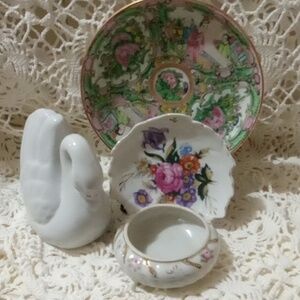 precious little vinette of 2 china plates, swan and nippon trinket bowl